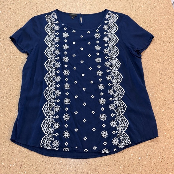 Talbots Navy Embroidered Short Sleeve Boho Top Size Medium - Picture 1 of 7